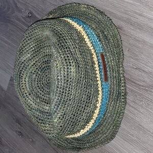 Coach Signature Olive Green With Blue & Cream Stripes Straw Fedora XL Unisex